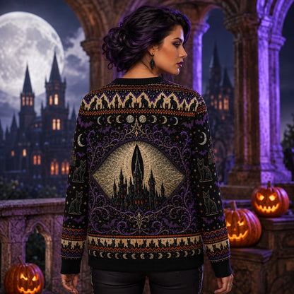 Black Cat Headstone Sweater Castle Gothic Purple Samhain Knit worn, back view