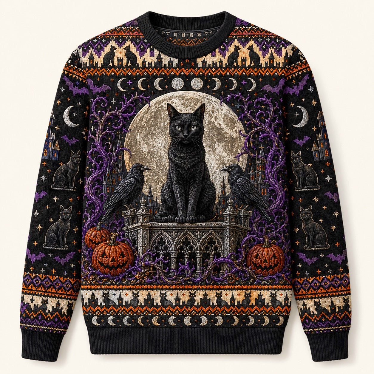 Black Cat Headstone Sweater Castle Gothic Purple Samhain Knit front view