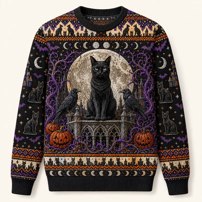 Black Cat Headstone Sweater Castle Gothic Purple Samhain Knit front view