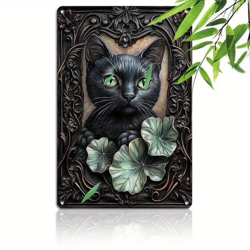 Black Cat Metal Tin Sign Witchy Cat Wall Art-MoonChildWorld