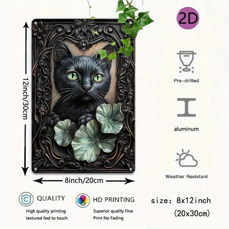Black Cat Metal Tin Sign Witchy Cat Wall Art-MoonChildWorld