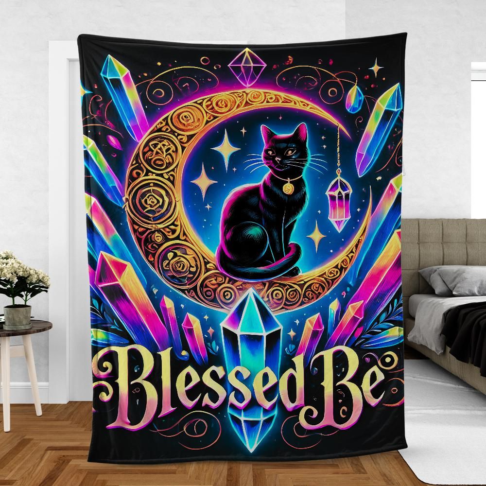 Black Cat Moon Blanket – Mystical Gothic Throw for Wiccan Altars & Sacred Spaces Premium Fleece Blanket-MoonChildWorld