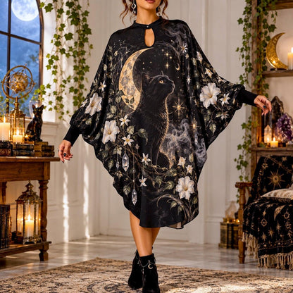 Black Cat Moon Garden Witchy Batwing Dress – Gothic Celestial Midi – worn, front view