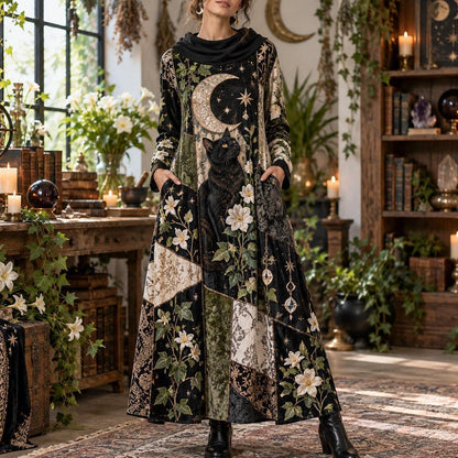 Black Cat Moon Garden Witchy Cowl Neck Dress – Gothic Patchwork Maxi – worn, front view
