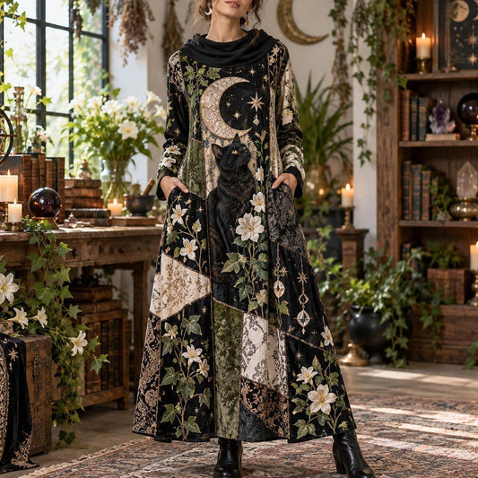 Black Cat Moon Garden Witchy Cowl Neck Dress – Gothic Patchwork Maxi – worn, front view