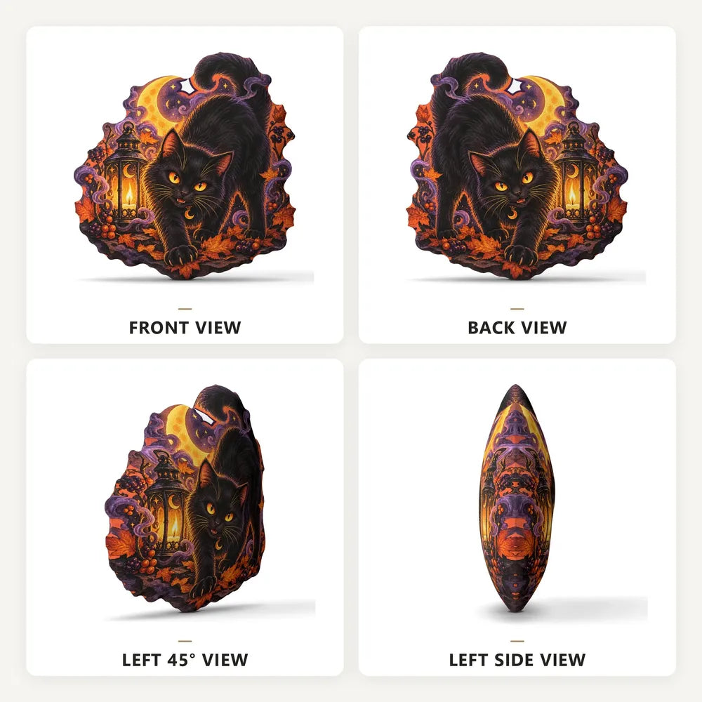 Front, back and side views: decorative plush pillow featuring black cat with crescent moon and lantern imagery