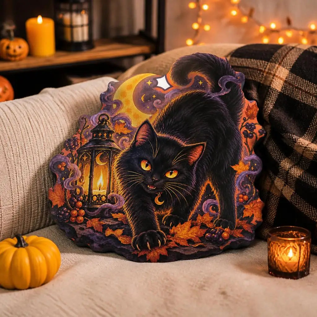 Styled room view: decorative plush pillow featuring black cat with crescent moon and lantern imagery