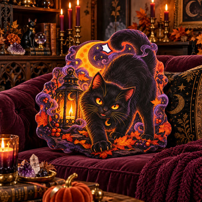 Black Cat Moon Lantern Plush Pillow in a witchy room