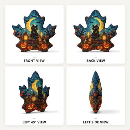 Front, back and side views: decorative plush pillow featuring maple leaf with black cat, moon and pumpkin artwork