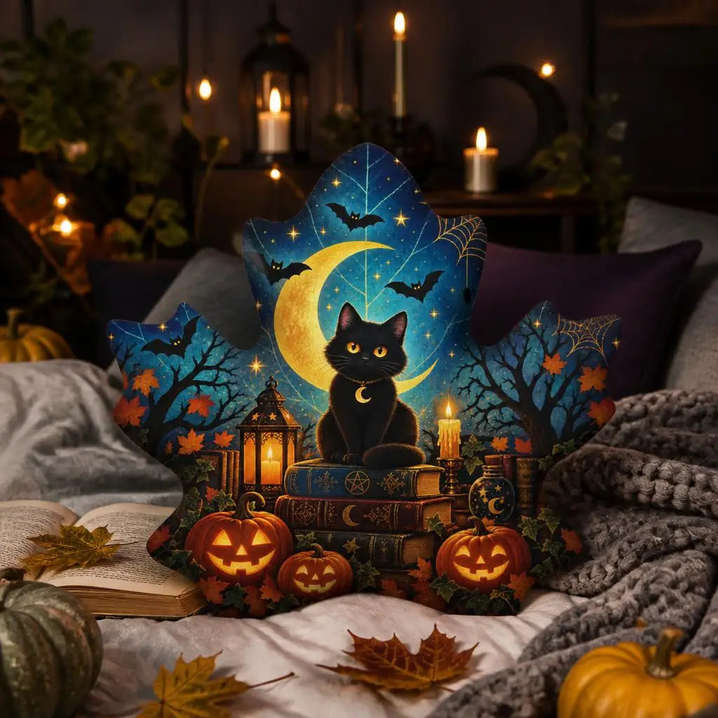 Alternate styled room view: decorative plush pillow featuring maple leaf with black cat, moon and pumpkin artwork