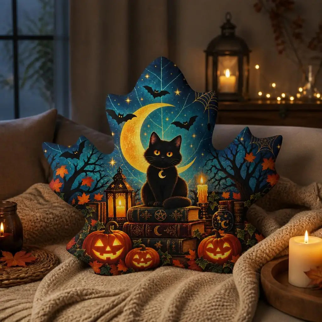 Styled room view: decorative plush pillow featuring maple leaf with black cat, moon and pumpkin artwork