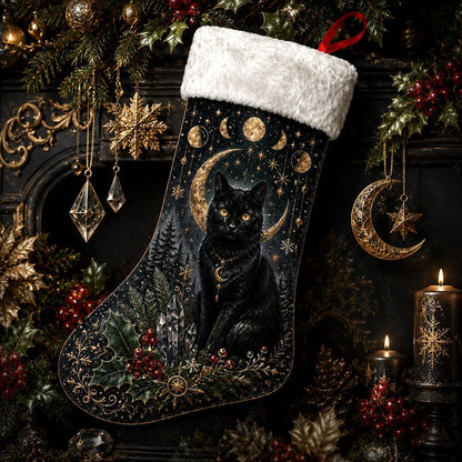 Black Cat Moon Phase Christmas Stocking Celestial Witchy Decor, styled shot 3