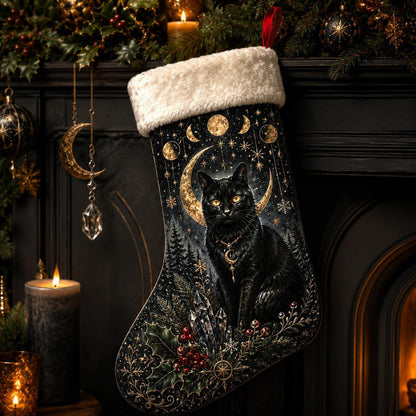 Black Cat Moon Phase Christmas Stocking Celestial Witchy Decor