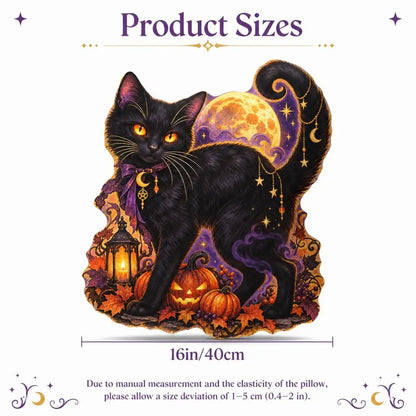 Size guide showing 16 inch / 40 cm: decorative plush pillow featuring cat with moon and pumpkin artwork