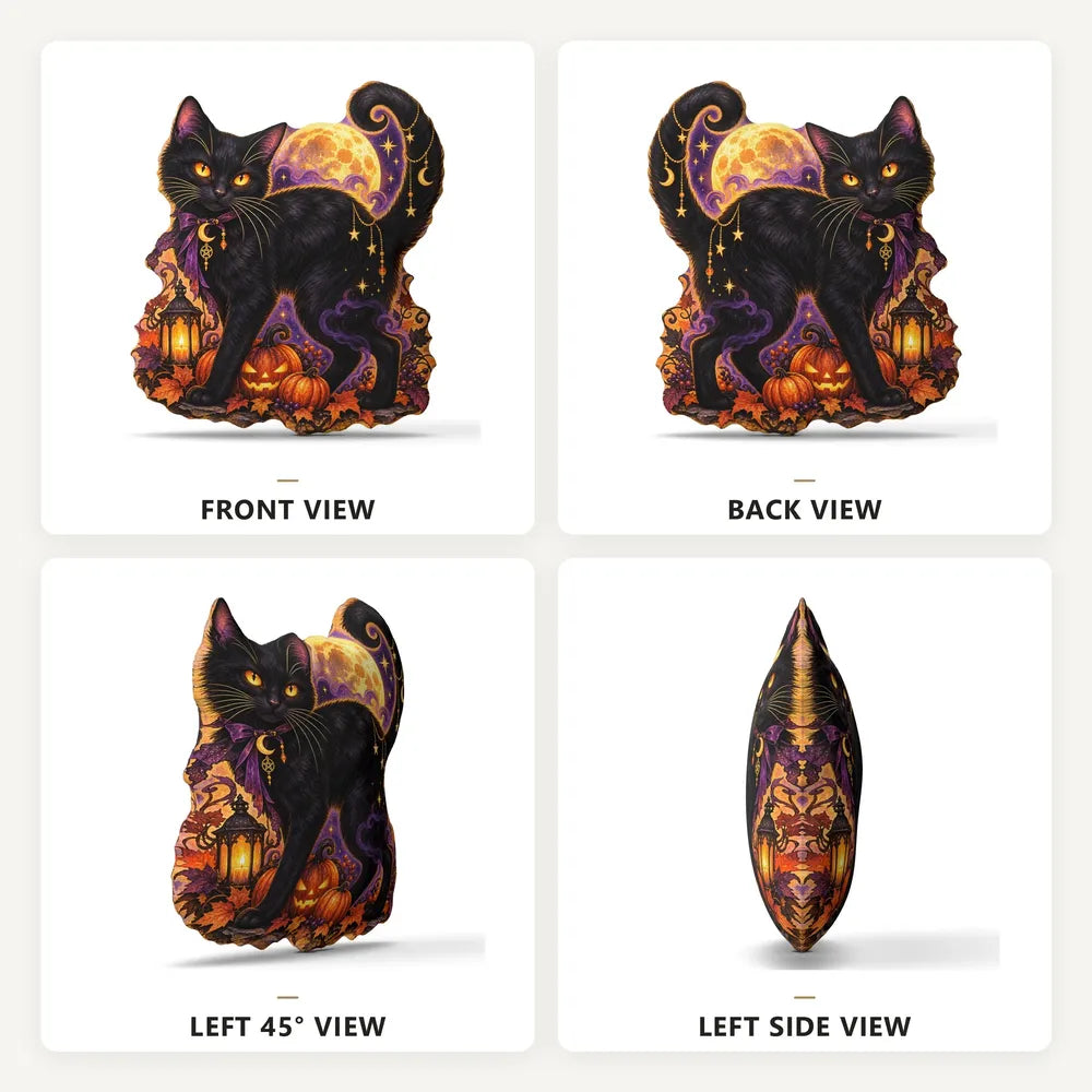 Front, back and side views: decorative plush pillow featuring cat with moon and pumpkin artwork