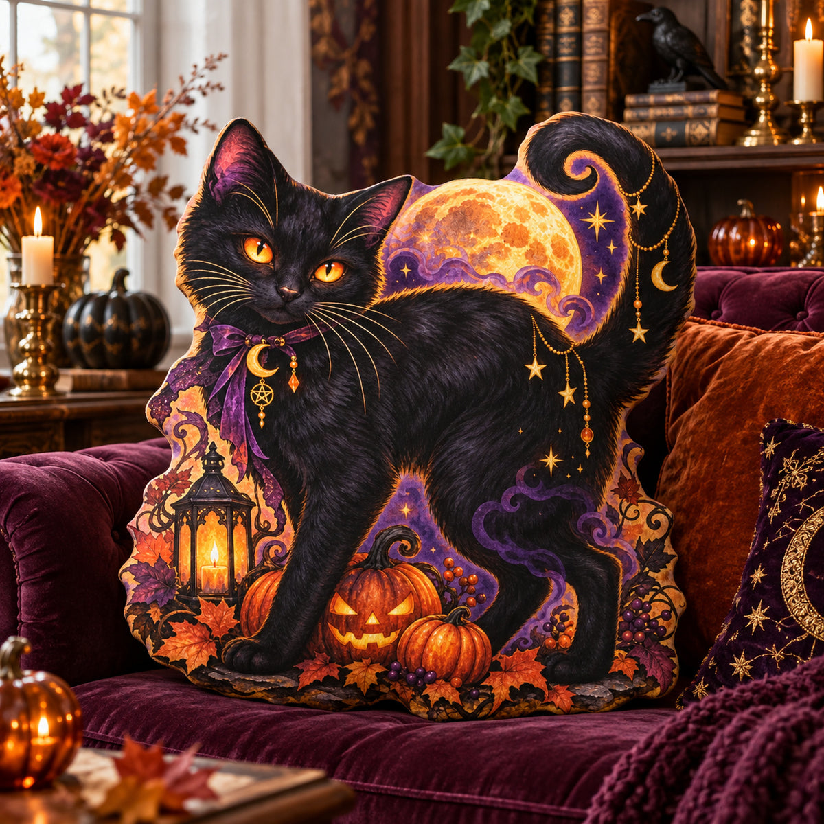 Black Cat Moon Pumpkin Shaped Pillow in a witchy room