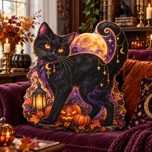 Black Cat Moon Pumpkin Shaped Pillow in a witchy room