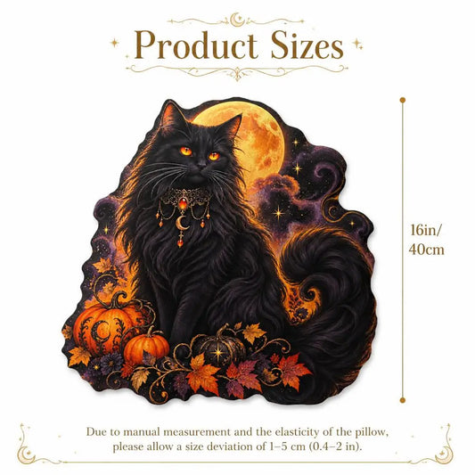 Size guide showing 16 inch / 40 cm: decorative plush pillow featuring black cat, moon and pumpkin artwork