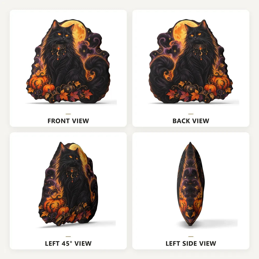 Front, back and side views: decorative plush pillow featuring black cat, moon and pumpkin artwork