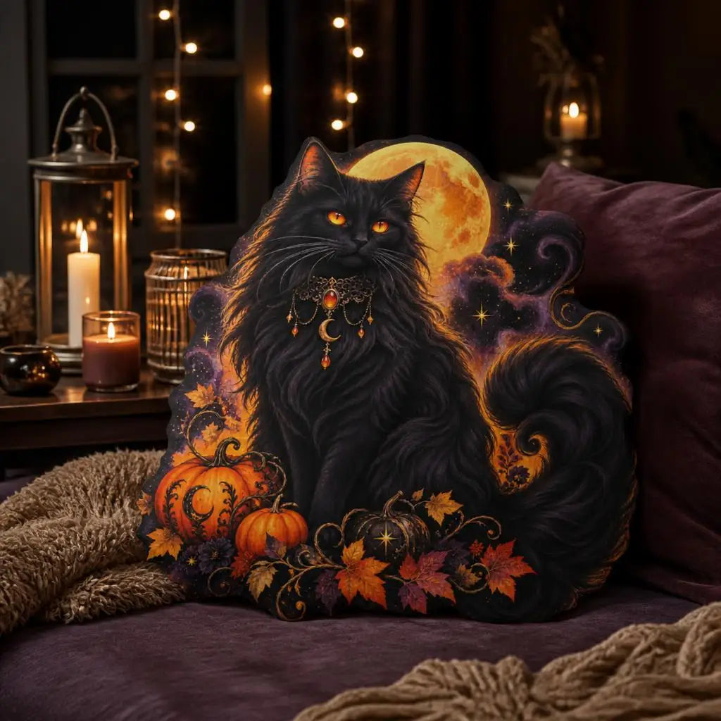Alternate styled room view: decorative plush pillow featuring black cat, moon and pumpkin artwork