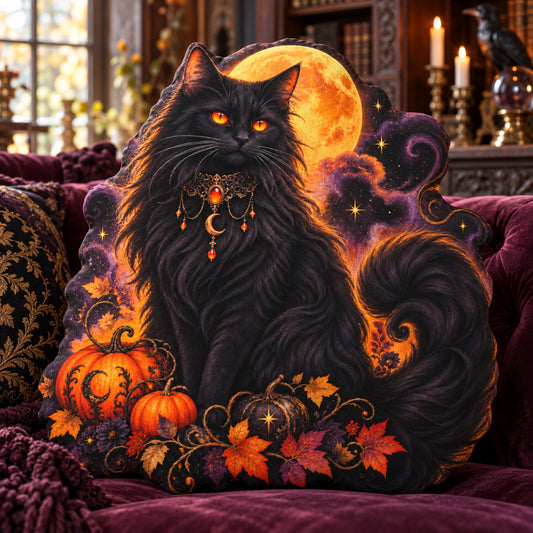 Black Cat Moon Pumpkin Throw Pillow in a witchy room