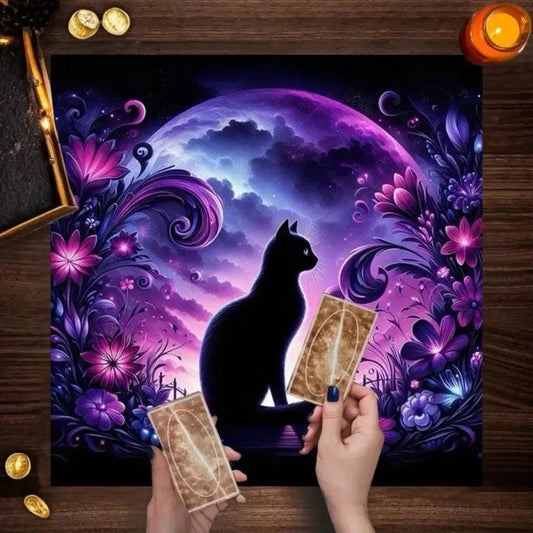 Black Cat Moon Witchy Tarot Tablecloth Wicca Altar Cloth for Witchcraft Divination-MoonChildWorld