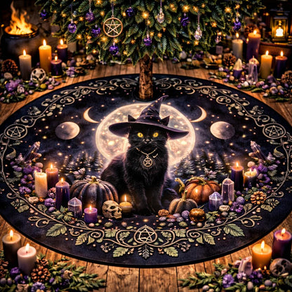 Gothic black velvet tree skirt with a witch hat cat, full moon, pumpkins, candles, and pentacle border.