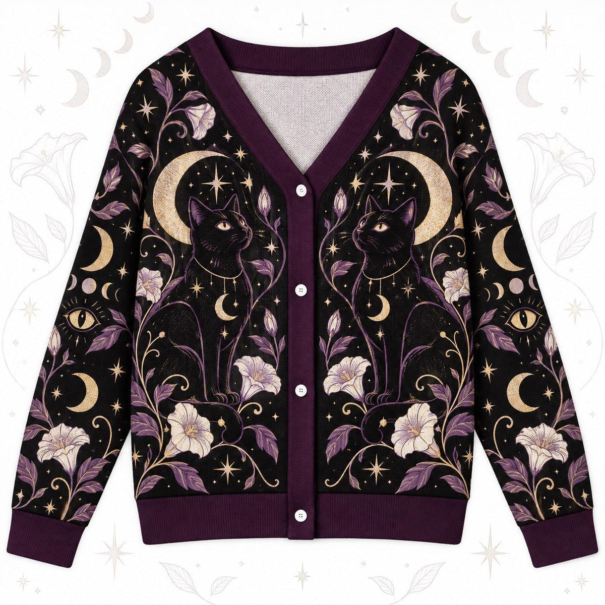 Black Cat Moonflower Crystal Witchy Cardigan for Women Purple Gold Moon, front view