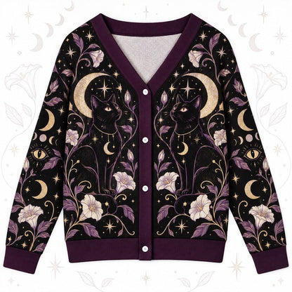 Black Cat Moonflower Crystal Witchy Cardigan for Women Purple Gold Moon, front view