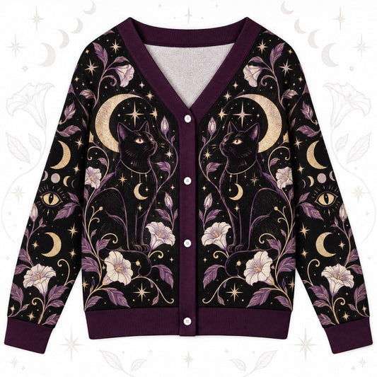 Black Cat Moonflower Crystal Witchy Cardigan for Women Purple Gold Moon, front view