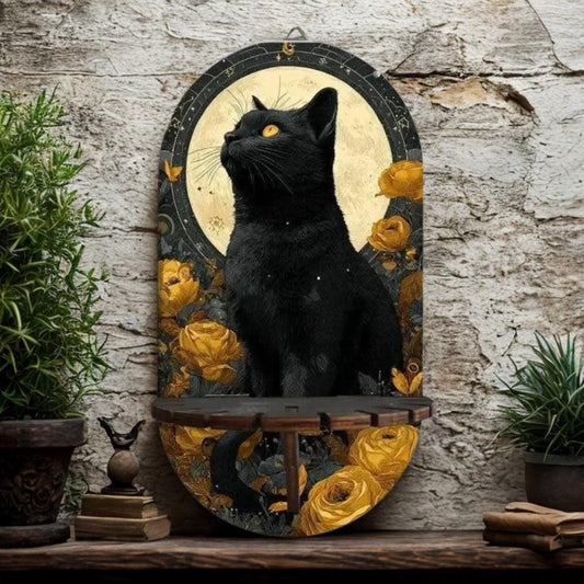 Black Cat Moonlight Floating Shelves Witchy Decorative Wall Shelf Pagan Altar Decor-MoonChildWorld