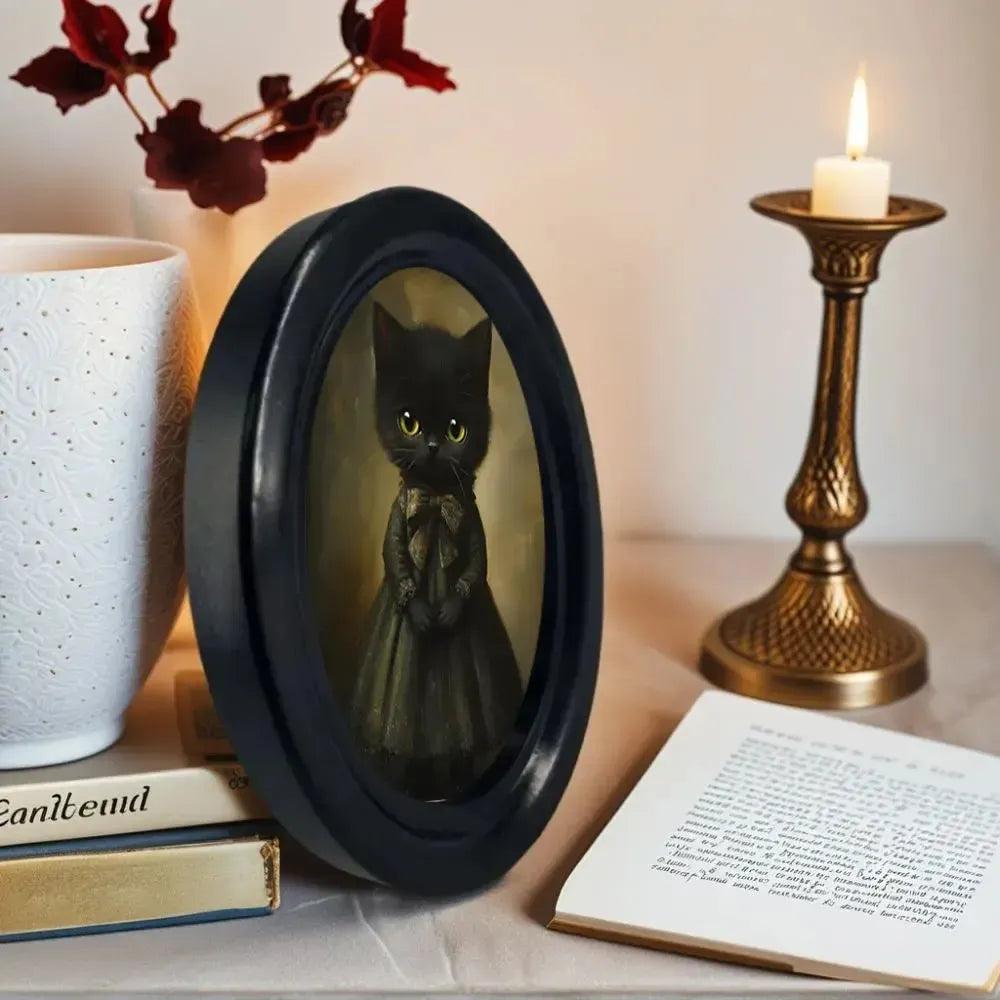 Black Cat Oval Frame Wall Decoration Dark Academy Style Gothic Wall Ornament for Cat Lovers-MoonChildWorld