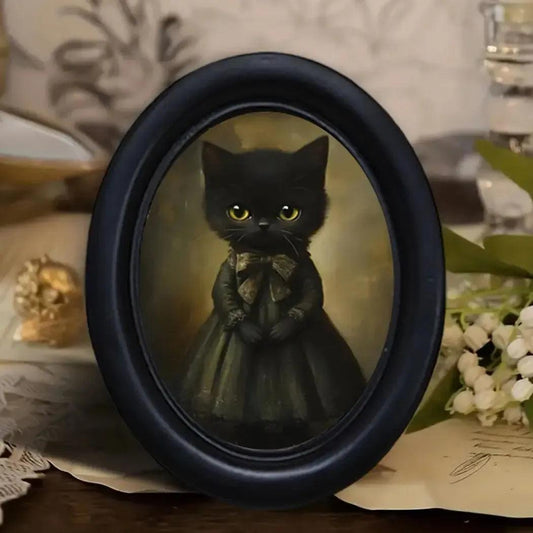 Black Cat Oval Frame Wall Decoration Dark Academy Style Gothic Wall Ornament for Cat Lovers-MoonChildWorld