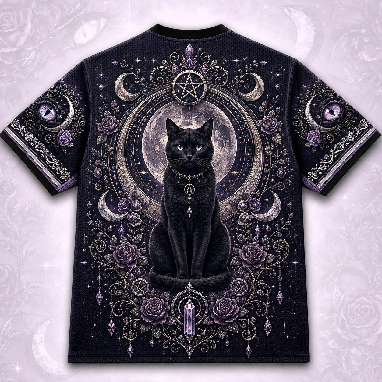 Black Cat Pentacle Witch T-Shirt Crescent Amethyst Lilac Tee back view