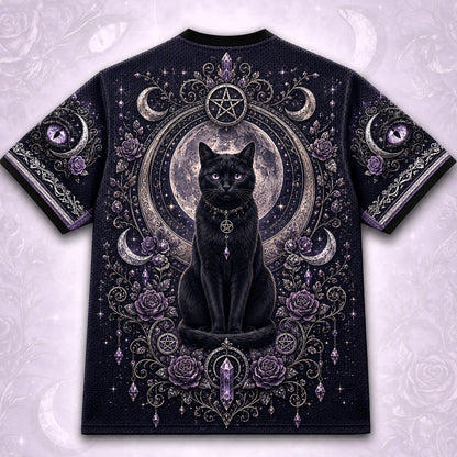 Black Cat Pentacle Witch T-Shirt Crescent Amethyst Lilac Tee back view