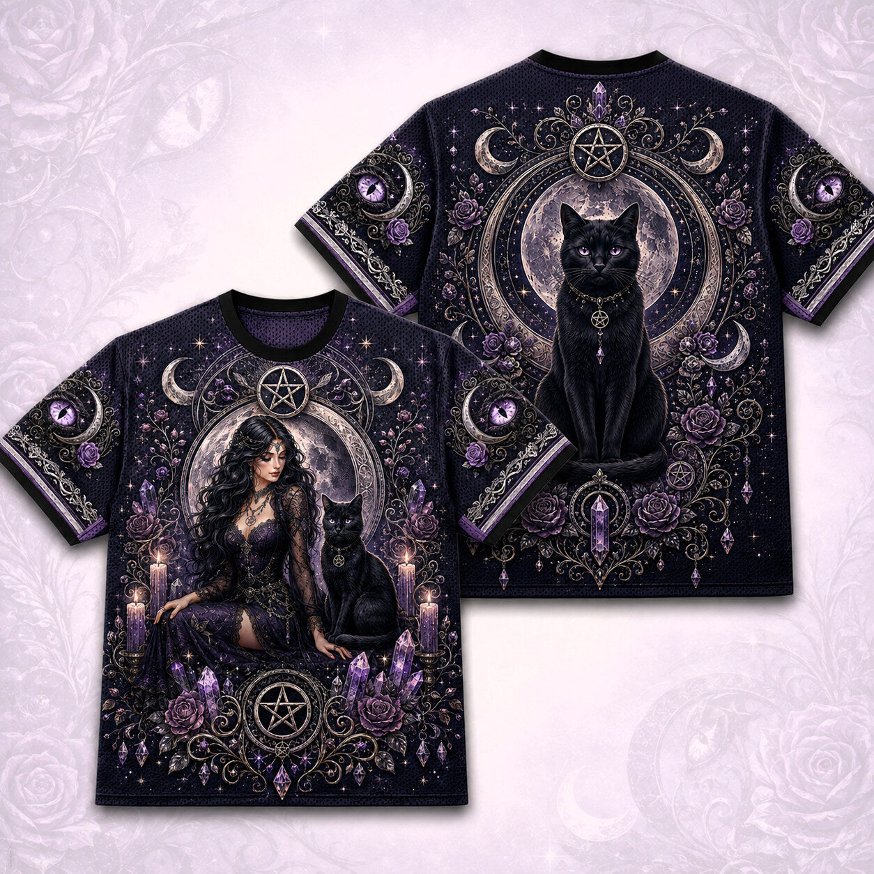 Black Cat Pentacle Witch T-Shirt Crescent Amethyst Lilac Tee front and back together