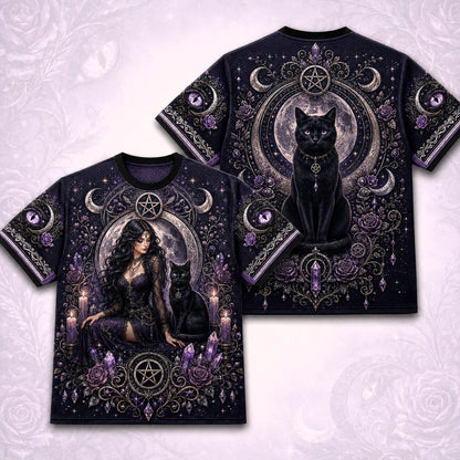Black Cat Pentacle Witch T-Shirt Crescent Amethyst Lilac Tee front and back together
