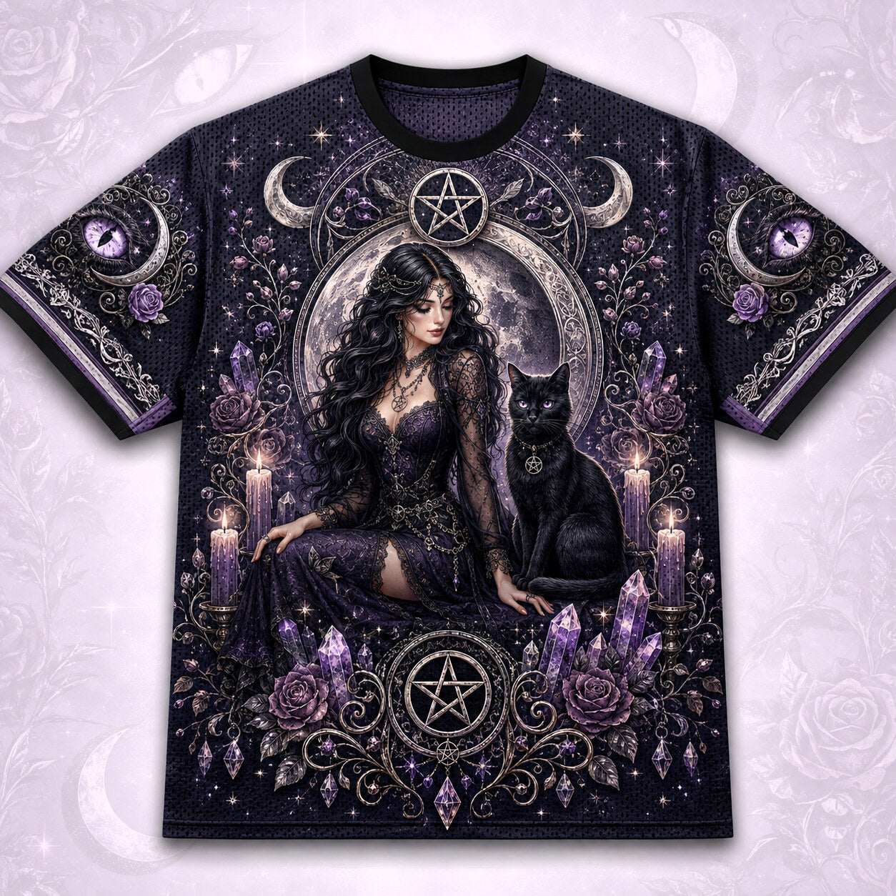 Black Cat Pentacle Witch T-Shirt Crescent Amethyst Lilac Tee front view