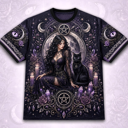 Black Cat Pentacle Witch T-Shirt Crescent Amethyst Lilac Tee front view