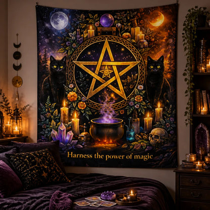 Black Cat & Pentacle Witchcraft Ritual Tapestry – Gothic Occult Pagan Wall Hanging_mockup_1.webp