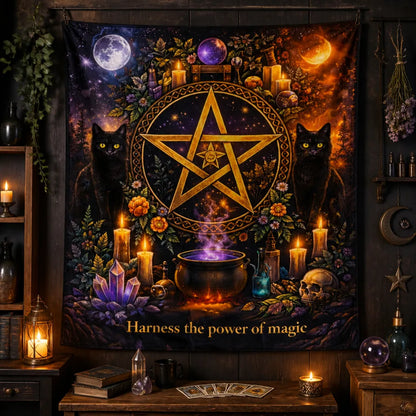 Black Cat & Pentacle Witchcraft Ritual Tapestry – Gothic Occult Pagan Wall Hanging_mockup_2.webp