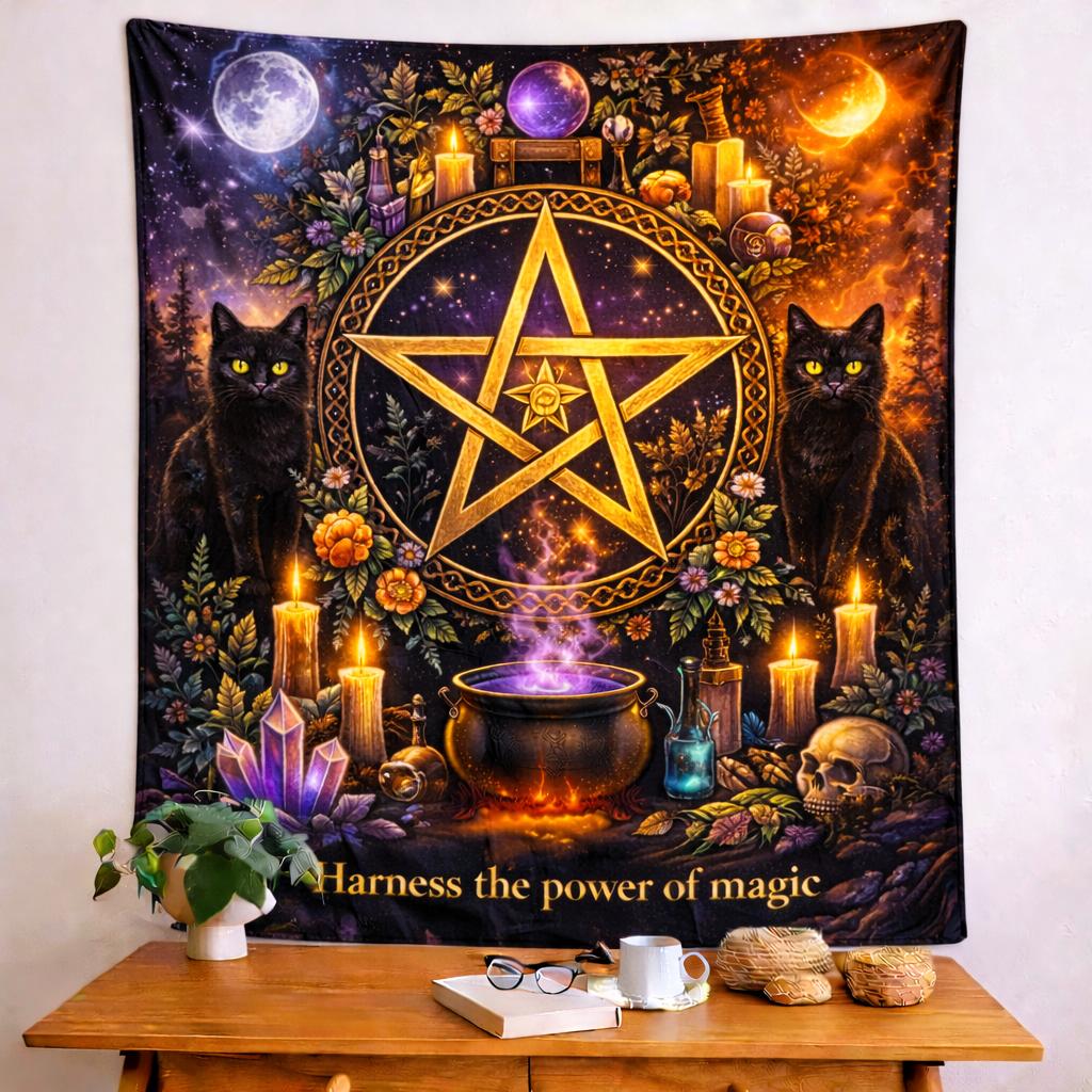Black Cat & Pentacle Witchcraft Ritual Tapestry – Gothic Occult Pagan Wall Hanging-MoonChildWorld