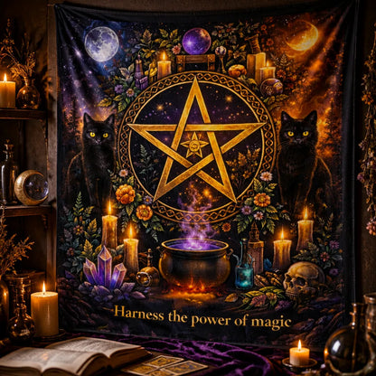 Black Cat & Pentacle Witchcraft Ritual Tapestry – Gothic Occult Pagan Wall Hanging_mockup_3.webp