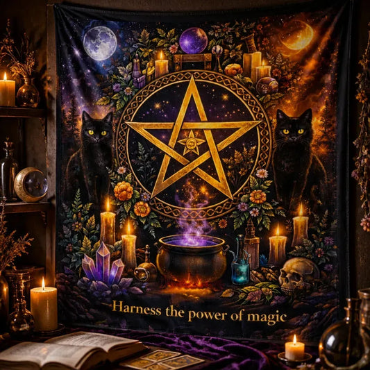 Black Cat & Pentacle Witchcraft Ritual Tapestry – Gothic Occult Pagan Wall Hanging_mockup_3.webp
