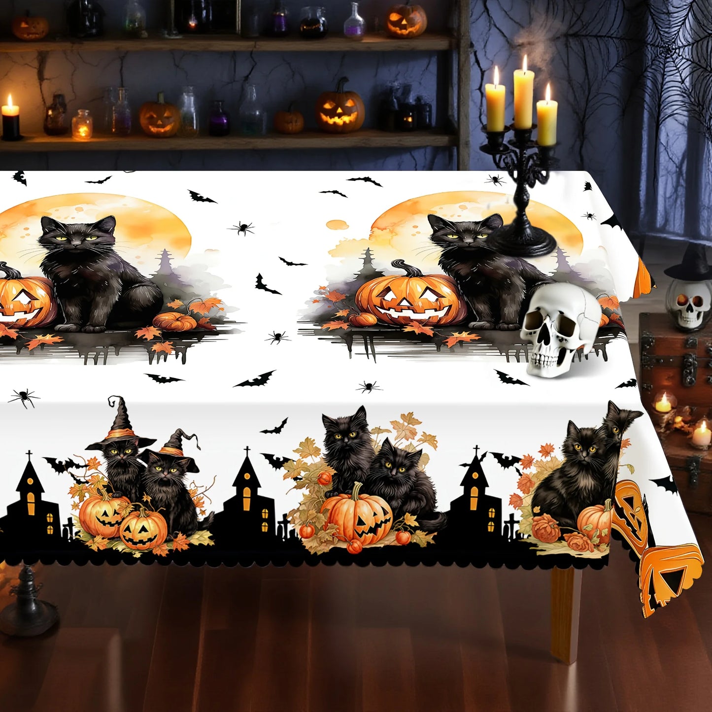 Black cat pumpkin Halloween tablecloth with whimsical bat decor