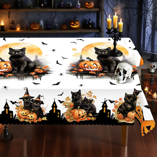 Black cat pumpkin Halloween tablecloth with whimsical bat decor