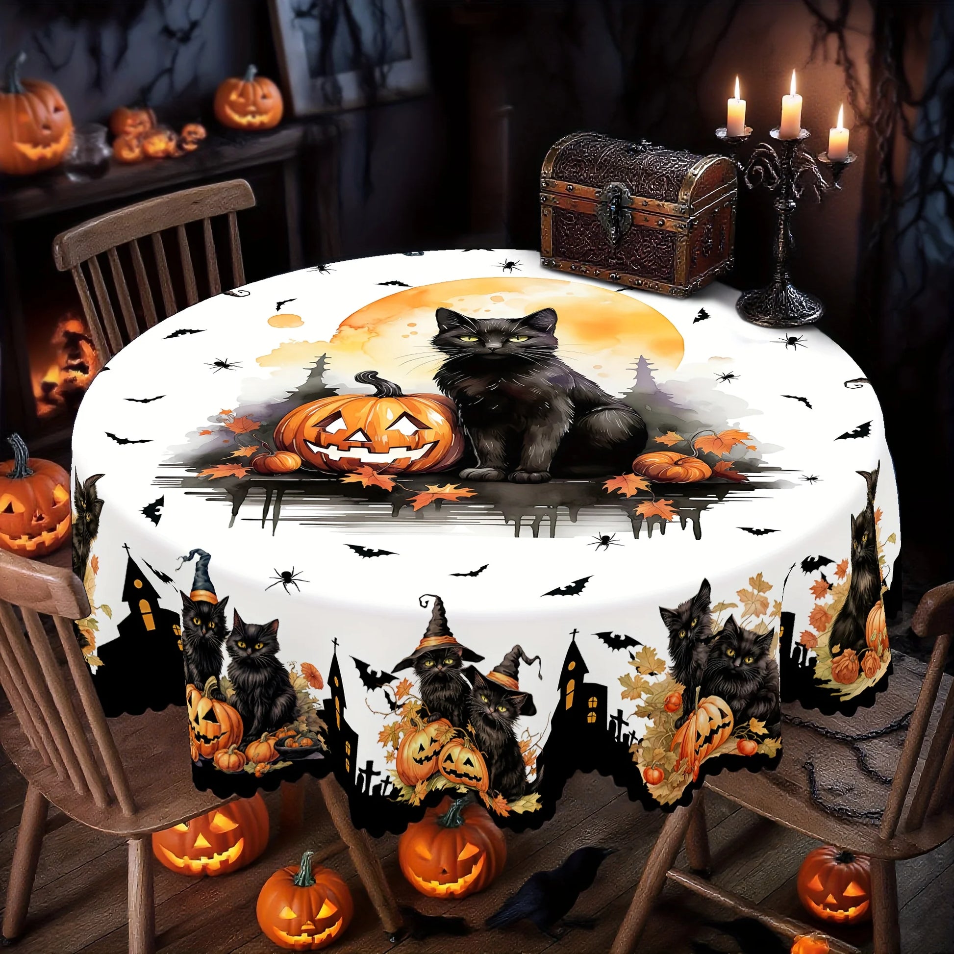 Black cat pumpkin Halloween tablecloth with whimsical bat decor