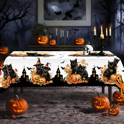 Black cat pumpkin Halloween tablecloth with whimsical bat decor