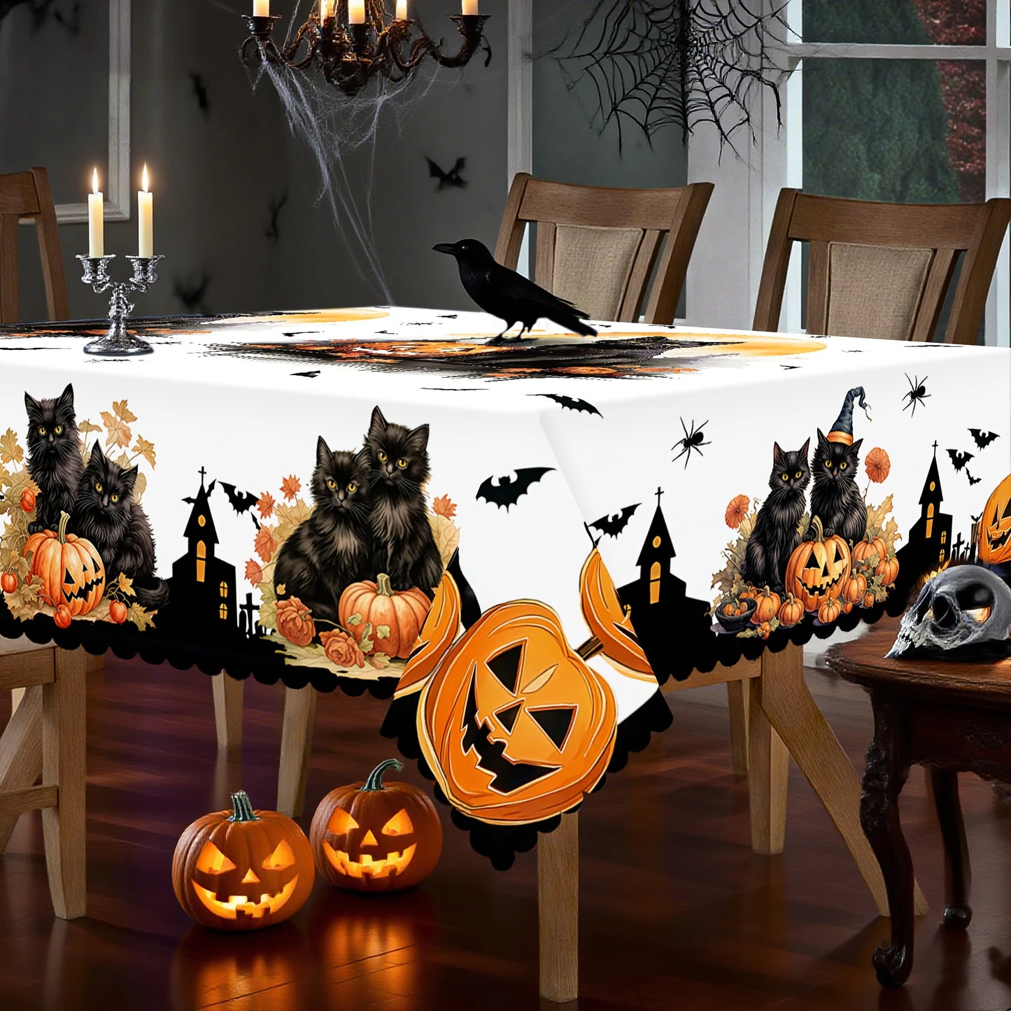 Black cat pumpkin Halloween tablecloth with whimsical bat decor