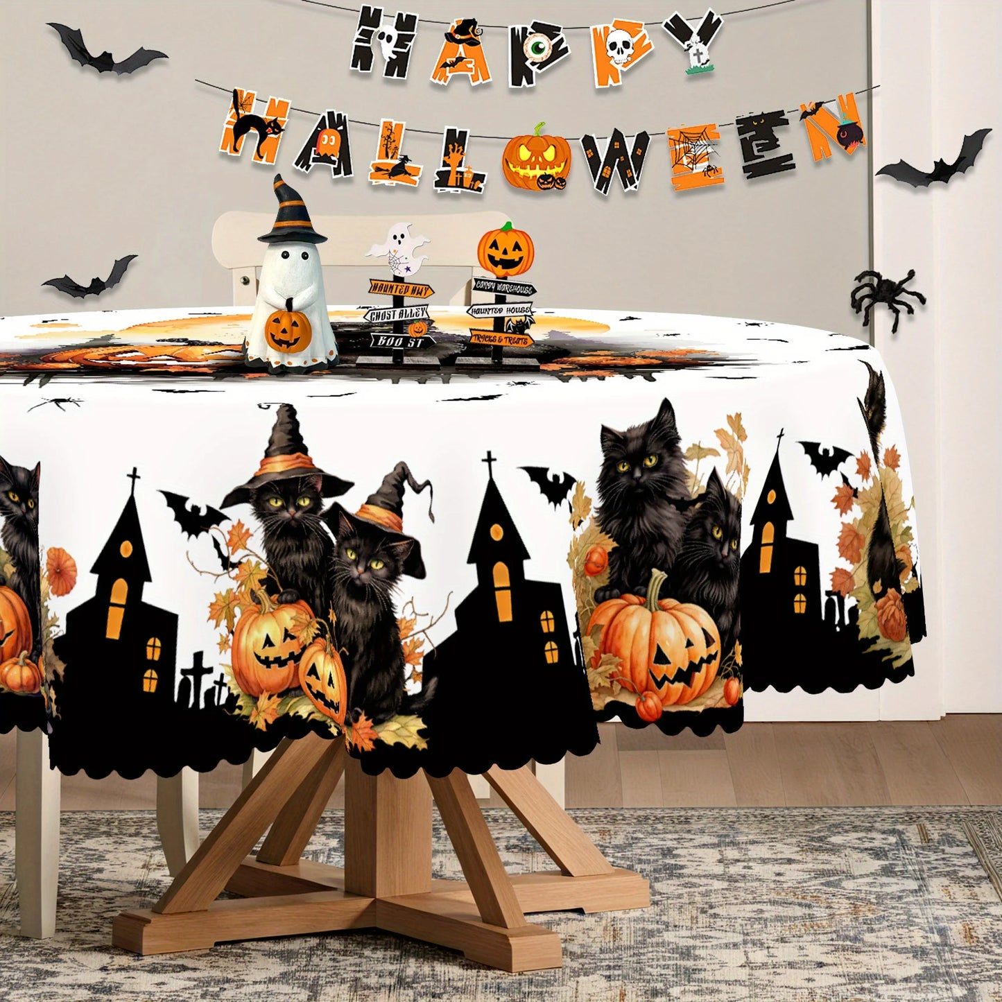 Black cat pumpkin Halloween tablecloth with whimsical bat decor